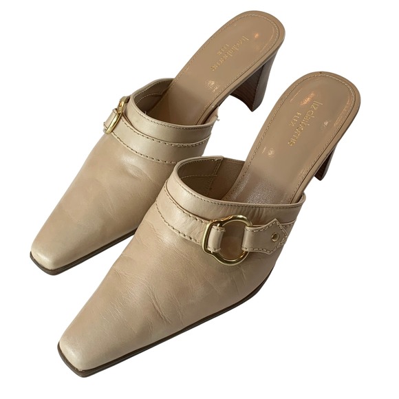 Liz Claiborne Flex Beige Leather Pointed Toe Buckle Block Heel Mules Womens 10M - Picture 3 of 8